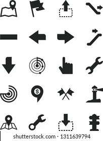 Solid Black Vector Icon Set - downward direction vector, right, left, minus, index finger, map, flag, move up, down, coastal lighthouse, repair, radar, cross flags, dollar pin, escalator, signpost