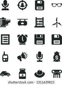 Solid Black Vector Icon Set - desktop microphone vector, floppy disk, hat, camera roll, new abacus, toy mobile phone, alarm clock, jar of jam, windmill, retro car, antique advertising signboard