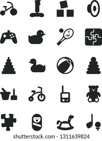 Solid Black Vector Icon Set - loudspeaker vector, rubber duck, baby duckling, bath ball, stacking rings, toy, roly poly doll, phone, sand set, small teddy bear, rocking horse, cubes for children
