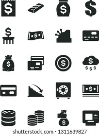 Solid Black Vector Icon Set - dollar vector, strongbox, cards, coins, reverse side of a bank card, front the, column, recession, financial item, money, dollars, cash, cashbox, gold bar, bag hand