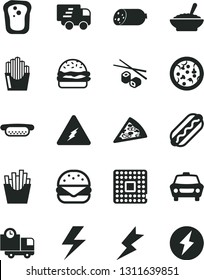 Solid Black Vector Icon Set - lightning vector, car, delivery, sausage, pizza, piece of, Hot Dog, mini, big burger, a bowl buckwheat porridge, French fries, fried potato slices, Chinese chopsticks