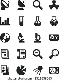 Solid Black Vector Icon Set - magnifier vector, zoom out, negative histogram, artificial satellite, round flask, radiation, dish, antenna, ring diagram, pie charts, statistical research, article