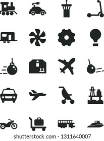 Solid Black Vector Icon Set - truck lorry vector, summer stroller, baby toy train, child Kick scooter, big core, car, cardboard box, sea port, marine propeller, electric, private plane, camper, bus