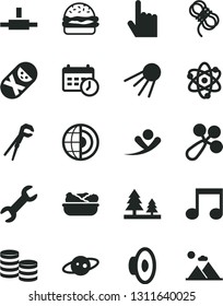 Solid Black Vector Icon Set - loudspeaker vector, baby rattle, tumbler, adjustable wrench, hawser, index finger, artificial satellite, burger, lettuce in a plate, forest, coins, connect, note, atom