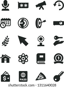 Solid Black Vector Icon Set - house vector, passport, piece of pizza, gpu card, projector, history, schedule clock, cursor, telescope, atom, book, earth core, laurel branch, cup, purpose, wallet