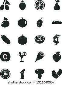 Solid Black Vector Icon Set - loaf vector, mushroom, grill chicken leg, cucumber, cocktail, pear, half apricot, red apple, cornels, tasty mulberry, of mango, tangerine, yellow lemon, juicy, kiwi