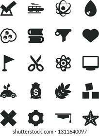 Solid Black Vector Icon Set - heart symbol vector, scissors, cross, pennant, cubes for children, books, cogwheel, drop, omelette, environmentally friendly transport, water filter, monitor, atom