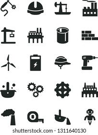 Solid Black Vector Icon Set - brick wall vector, cordless drill, measuring tape, construction helmet, charging battery, oil derrick, windmill, manufacture, industrial building, factory, enterprise