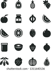 Solid Black Vector Icon Set - jam vector, jar of, strawberry, strawberries, a pineapple, orange slice, ripe peach, pomegranate, half, grape, medlar, tasty raspberry, water melon, goji berry, loquat
