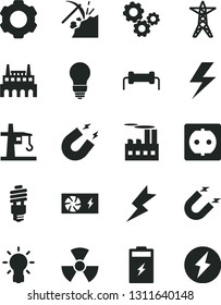 Solid Black Vector Icon Set - lightning vector, bulb, charging battery, coal mining, power line, socket, industrial building, factory, energy saving, tower crane, magnet, gears, pc supply, settings