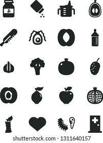Solid Black Vector Icon Set - heart symbol vector, measuring cup for feeding, bottle, baby powder, mercury thermometer, jar of jam, half apricot, pomegranate, quince, red apple, tasty mulberry, stub