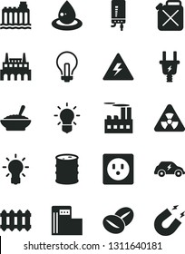 Solid Black Vector Icon Set - danger of electricity vector, incandescent lamp, new radiator, electronic boiler, a bowl buckwheat porridge, coffee beans, modern gas station, barrel, hydroelectricity