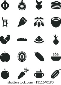 Solid Black Vector Icon Set - mug for feeding vector, a chair child, loaf, hot porridge, grill chicken leg, cucumber, beet, pancakes, apple, half of medlar, goji berry, melon, loquat, tasty plum