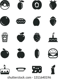 Solid Black Vector Icon Set - cake vector, piece of cheese, mini hot dog, big burger, torte, glazed with a hole, apple pie, cup popcorn, orange, peach, half apricot, red, raspberry, strawberry, stub