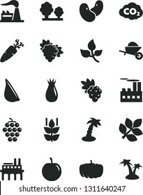 Solid Black Vector Icon Set - garden trolley vector, garlic, carrot, mint, grape, branch of, large, rose hip, tasty plum, beans, pumpkin, leaves, factory, trees, industrial building, enterprise