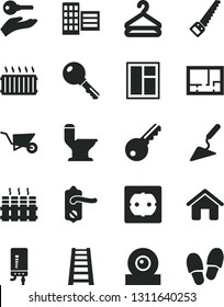 Solid Black Vector Icon Set - house vector, building trolley, trowel, window, arm saw, stepladder, comfortable toilet, lay out of flat, power socket type f, door knob, city block, radiator, key