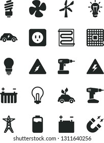 Solid Black Vector Icon Set - danger of electricity vector, incandescent lamp, cordless drill, saving light bulb, power socket type b, heating coil, fan screw, charge level, wind energy, accumulator