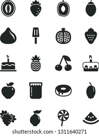 Solid Black Vector Icon Set - cake vector, torte, with a hole, lollipop, popsicle, jam, strawberry, cherry, half pomegranate, branch of grape, quince, red apple, raspberry, fig, mulberry, melon