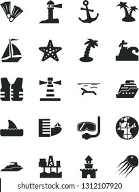 Solid Black Vector Icon Set - anchor vector, commercial seaport, lighthouse, coastal, planet, sand castle, sail boat, hotel, beach, palm tree, starfish, flippers, diving mask, surfing, life vest