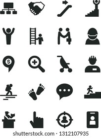 Solid Black Vector Icon Set - zoom vector, summer stroller, children's tracks, workman, index finger, speech, racer, man in sight, scheme, hand shake, carrer stairway, winner, hands up, with ladder