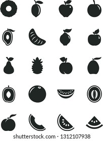 Solid Black Vector Icon Set - pear vector, peach, ripe, quince, apricot, red apple, slice of melon, water, half mango, loquat, delicious plum, tangerine, tasty, lemon, pineapple, grapefruit