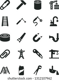 Solid Black Vector Icon Set - clip vector, safety pin, crane, tower, adjustable wrench, hand saw, stepladder, ladder, sewerage, stationery knife, kitchen faucet, hammer, canned goods, tin, soda can