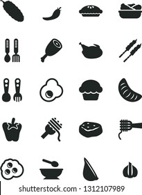 Solid Black Vector Icon Set - Deep Plate With A Spoon Vector, Plastic Fork Spoons, Iron, Spaghetti, Noodles, Cake, Pie, Lettuce In, Chicken, Thigh, Barbecue, Piece Of Meat, Cucumber, Peper, Garlic