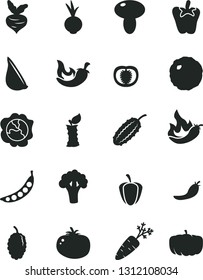 Solid Black Vector Icon Set - mushroom vector, cabbage, tomato, chili, peper, beet, garlic, squash, mulberry, apple stub, half, ripe pepper, red, hot, carrot, peas, broccoli, cucumber, pumpkin