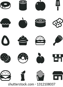 Solid Black Vector Icon Set - kiosk vector, stick of sausage, canned goods, tin, big burger, cake, muffin, with a hole, glazed, chicken thigh, fried potato slices, popcorn, popsicle, apple, biscuit