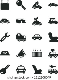 Solid Black Vector Icon Set - horn vector, Baby chair, car child seat, motor vehicle, present, key, delivery, accumulator, eco, environmentally friendly transport, electric, steel repair, limousine