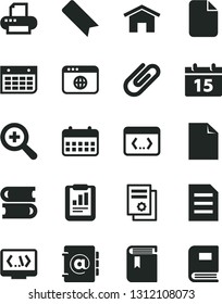 Solid Black Vector Icon Set - bookmark vector, clean sheet of paper, zoom, book, books, home, calendar, address, clip, statistical report, scientific publication, wall, printer, browser, coding