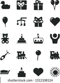 Solid Black Vector Icon Set - heart symbol vector, toys over the cradle, rubber duck, teddy bear, baby toy train, children's, colored air balloons, balloon, birthday cake, gift, slice, torte, sun