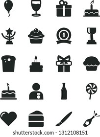 Solid Black Vector Icon Set - tassel vector, balloon, cake, heart, gift, Easter, muffin, piece of, birthday, lollipop, glass, bottle, gold cup, star, man with medal, ribbon, champagne