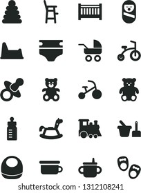 Solid Black Vector Icon Set - baby cot vector, dummy, mug for feeding, bottle, diaper, bib, carriage, stacking rings, roly poly doll, toy sand set, children's potty, chair, a child, teddy bear