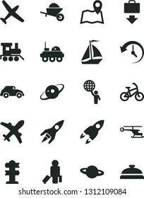 Solid Black Vector Icon Set - baby toy train vector, garden trolley, planet, retro car, history, saturn, rocket, lunar rover, man hold world, helicopter, plane, sail boat, bike, passenger, map