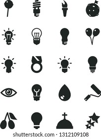 Solid Black Vector Icon Set - matte light bulb vector, colored air balloons, new roller, eye, drop, Chupa Chups, cornels, energy saving, flame torch, flag on moon, gold ring, crown with cross