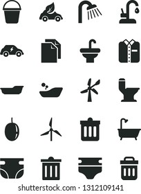 Solid Black Vector Icon Set - bin vector, clean paper, diaper, nappy, children's bathroom, bath, bucket, washbasin, comfortable toilet, shower, kitchen faucet, dust, folded shirt, passion fruit