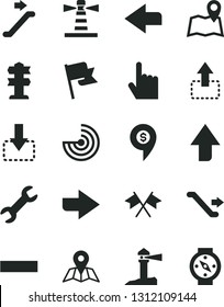 Solid Black Vector Icon Set - upward direction vector, right, left, minus, index finger, map, flag, move up, down, lighthouse, coastal, repair, radar, cross flags, dollar pin, escalator, signpost