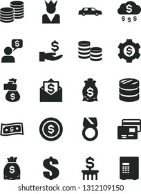 Solid Black Vector Icon Set - dollar vector, cards, coins, column of, get a wage, dollars, gold ring, money bag hand, rain, coin, gear, king, limousine, mail, dialog, safe