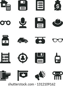 Solid Black Vector Icon Set - floppy disk vector, hat, camera roll, new abacus, toy mobile phone, estimate, jar of jam, retro car, vintage sign, antique advertising signboard, man in sight, glasses