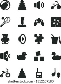 Solid Black Vector Icon Set - loudspeaker vector, rubber duck, baby duckling, bath ball, stacking rings, toy, phone, children's sand set, small teddy bear, cubes for children, child bicycle, Puzzle