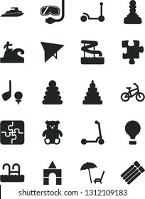 Solid Black Vector Icon Set - stacking rings vector, toy, small teddy bear, box of bricks, Kick scooter, child, Puzzle, Puzzles, pawn, air balloon, hang glider, bike, arnchair under umbrella, pool