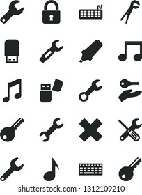 Solid Black Vector Icon Set - repair key vector, cross, small tools, adjustable wrench, lock, music, steel, text highlighter, keyboard, usb flash, note, arm with