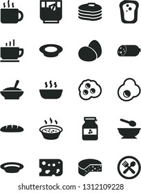 Solid Black Vector Icon Set - deep plate with a spoon vector, coffee, sausage, piece of cheese, eggs, loaf, bowl buckwheat porridge, in saucepan, hot, milk, cup tea, glass, fried egg, omelette, cafe