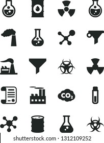 Solid Black Vector Icon Set - round flask vector, manufacture, factory, oil, barrel, industrial building, radiation, carbon dyoxide, filter, water, research article, test tube, molecule, nuclear