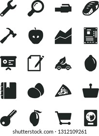 Solid Black Vector Icon Set - line chart vector, key, hammer with claw, notebook, notes, eggs, piece of pizza, sushi, tasty apple, mango, lime, eco car, repair, cart, shopping basket, motherboard