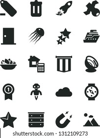 Solid Black Vector Icon Set - remove label vector, chest of drawers, ntrance door, estimate, star, a plate fruit, space rocket, trash bin, cloud, satellite, magnet, robot, antenna, flag, three stars