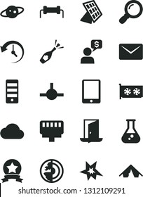 Solid Black Vector Icon Set - tablet pc vector, tower, gpu card, connect, lan connector, magnifier, mail, history, cloud, flask, earth core, sun panel, saturn, resistor, bang, star ribbon, exit door