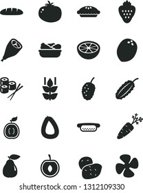 Solid Black Vector Icon Set - stick of sausage vector, loaf, mini hot dog, pie, lettuce in a plate, grill chicken leg, tomato, sushi set, strawberry, mint, pear, tasty mulberry, half cherry, guawa
