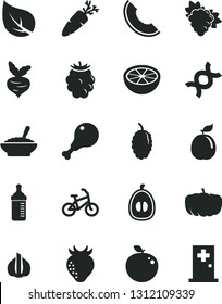 Solid Black Vector Icon Set - measuring bottle for feeding vector, a bowl of buckwheat porridge, chicken leg, carrot, branch grape, strawberry, blackberry, mulberry, slice melon, half loquat, guava